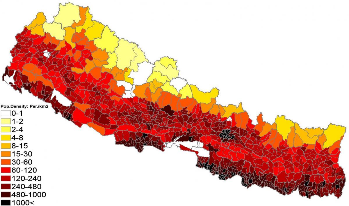 nepal je gostota prebivalstva zemljevid