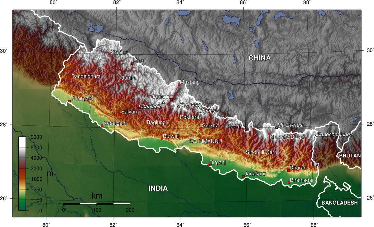 nepal nadmorske višine zemljevid