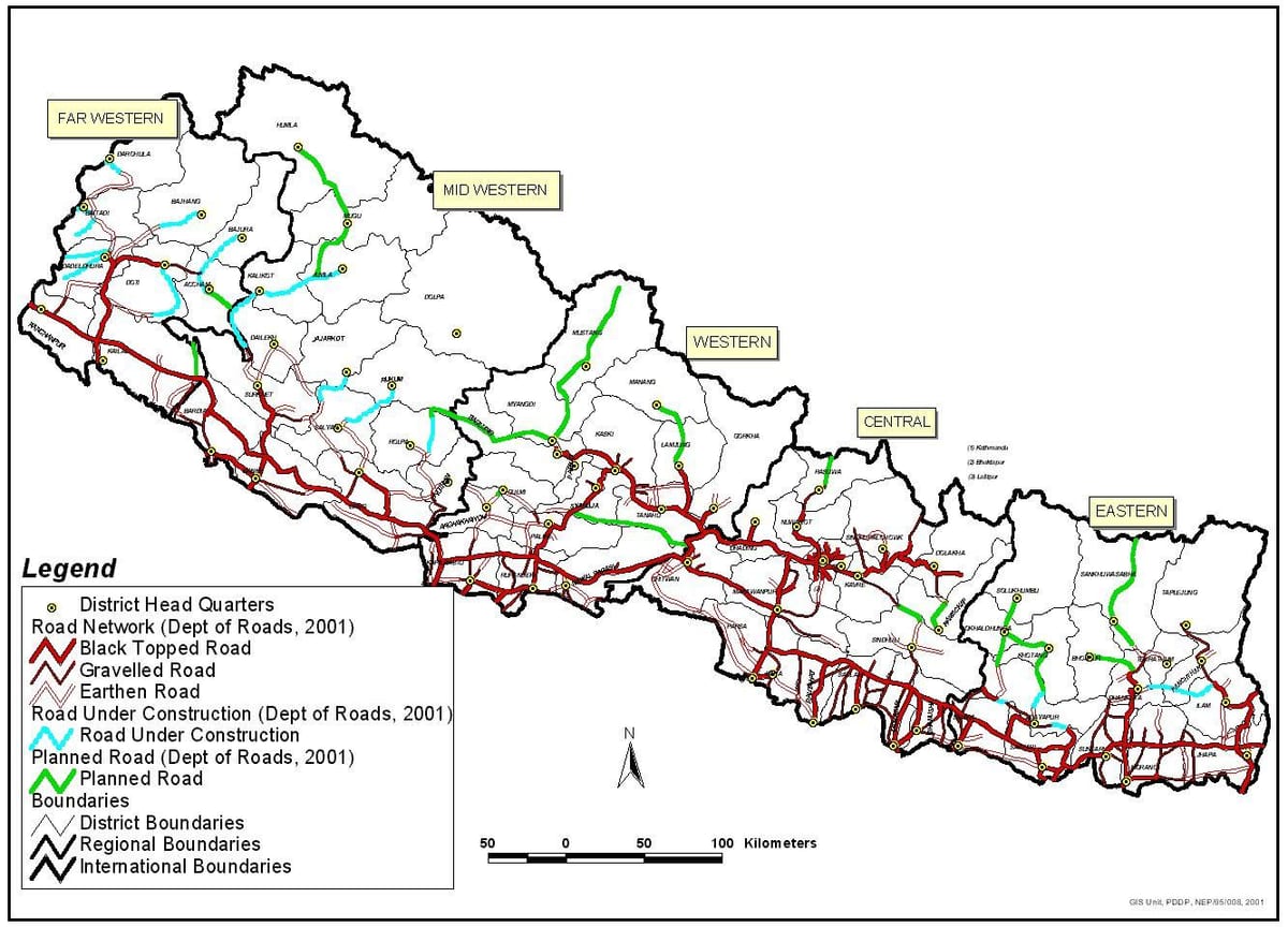Zemljevid cesta nepal z okolišev