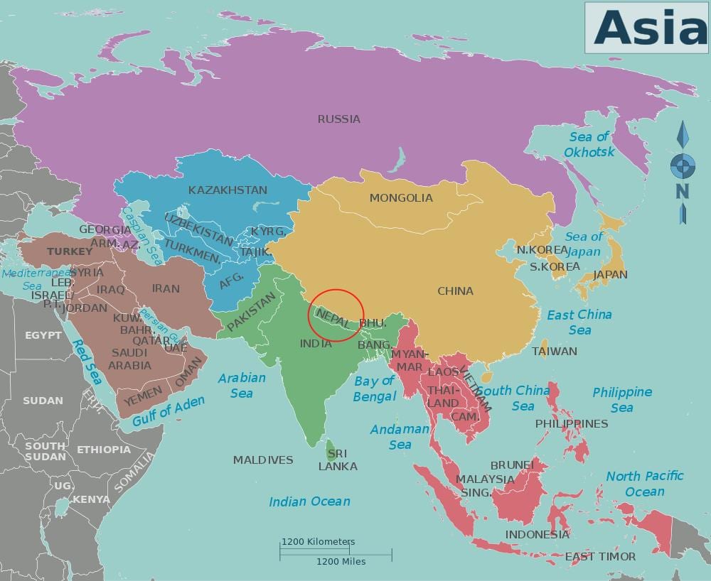 zemljevid nepal in okoliških državah