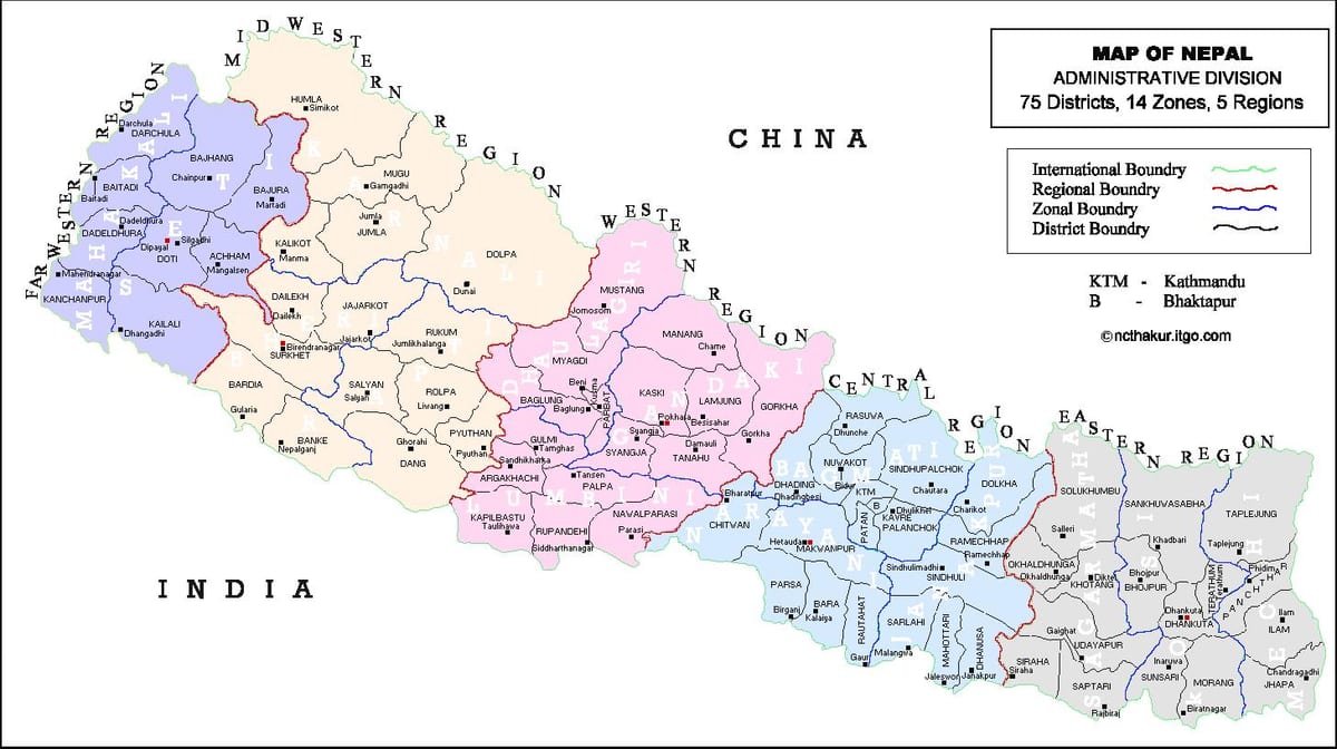 zemljevid nepal s 75 okrožno