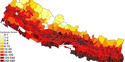 Nepal je gostota prebivalstva zemljevid